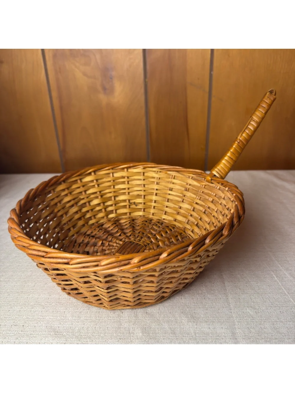 Vintage Wicker Serving Basket With Long Handle Round Handwoven Farmhouse Decor